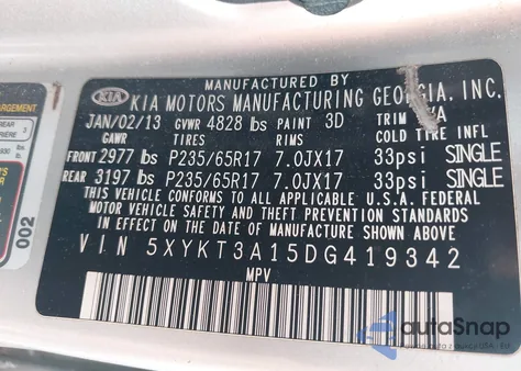 2013 Kia Sorento Lx из США, поврежденный, VIN 5XYKT3A15DG419342